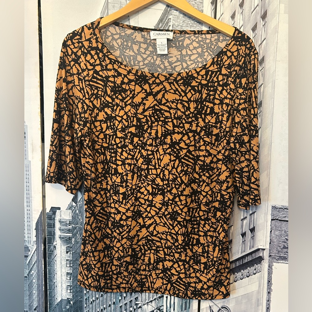 Carmen Marc Valvo - Brown and Black Abstract Scoop Neck Top
